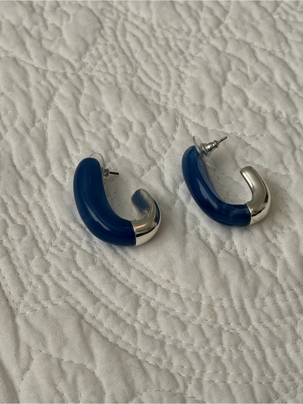 J. Crew Navy Resin and Silver Half-Hoop Earrings